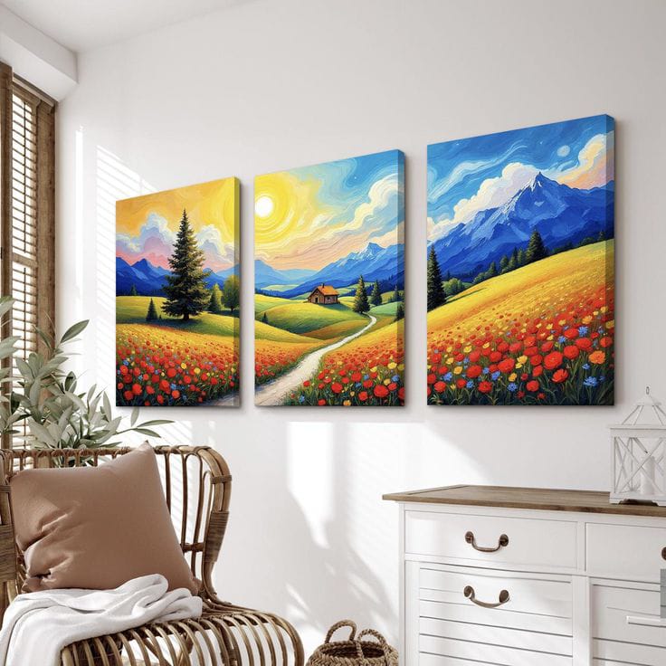 Vibrant Floral Meadow & Mountain Cottage – 3 Piece Impressionist Wall Art Set (16x24 in)