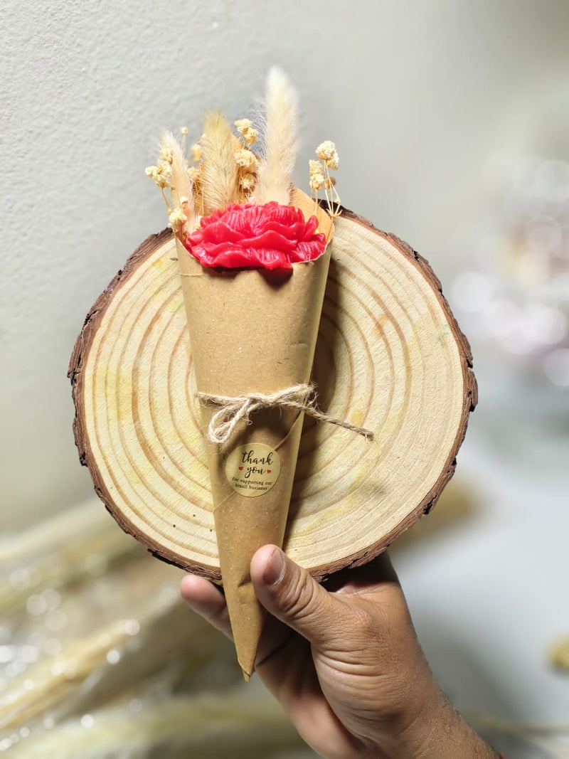 Rustic Handmade Rose & Pampas Bouquet Candle Cone