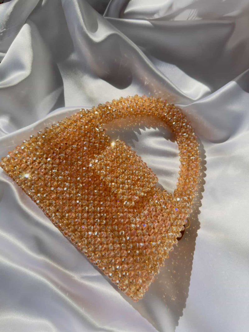 Kashish Aurora | Hand-Woven Peach Crystal Beaded Mini Tote