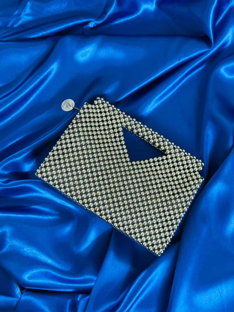 Kashish Stellar Silver | Hand-Crafted Geometric Pearl Grid Tote