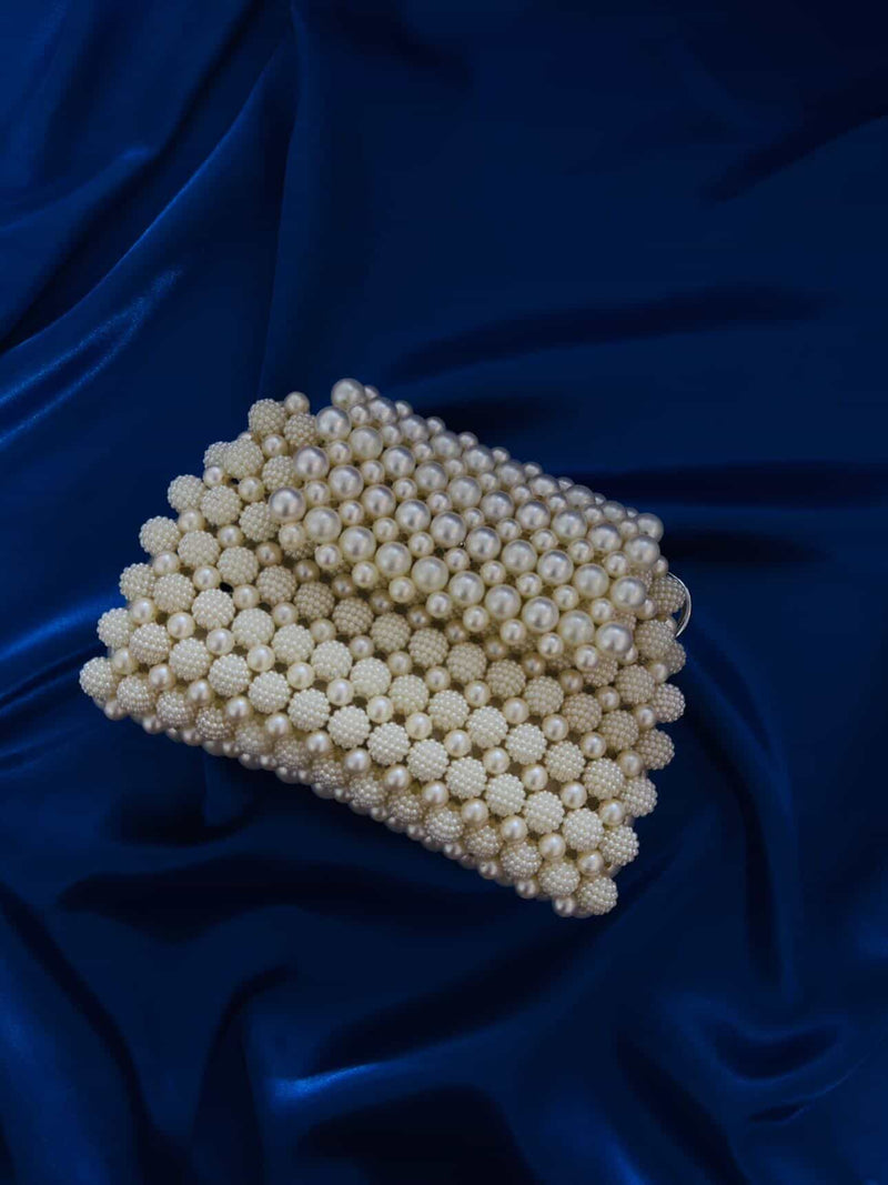 Kashish Pearl Enchantment | Hand-Beaded Textured Ivory Clutch