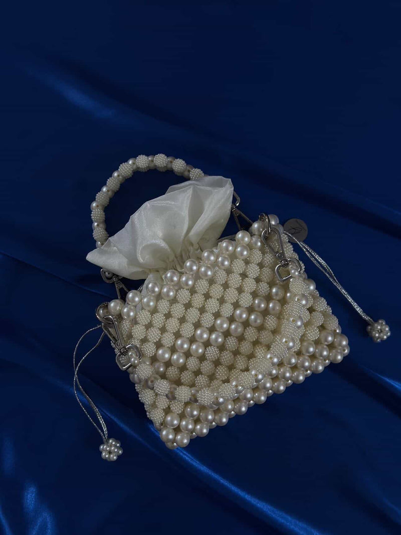 Kashish Artisan Pearl Elegance | Hand-Beaded Lattice Potli with Silk Inlay