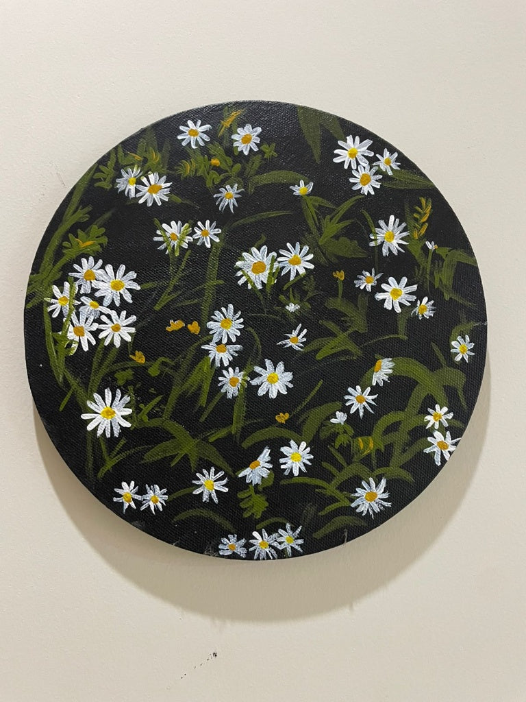 "Midnight Daisies" Original Circular Handmade Acrylic Painting