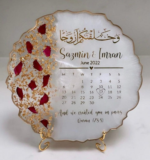Handmade Personalized Nikkah Anniversary Resin Plaque – "And We Created You In Pairs"