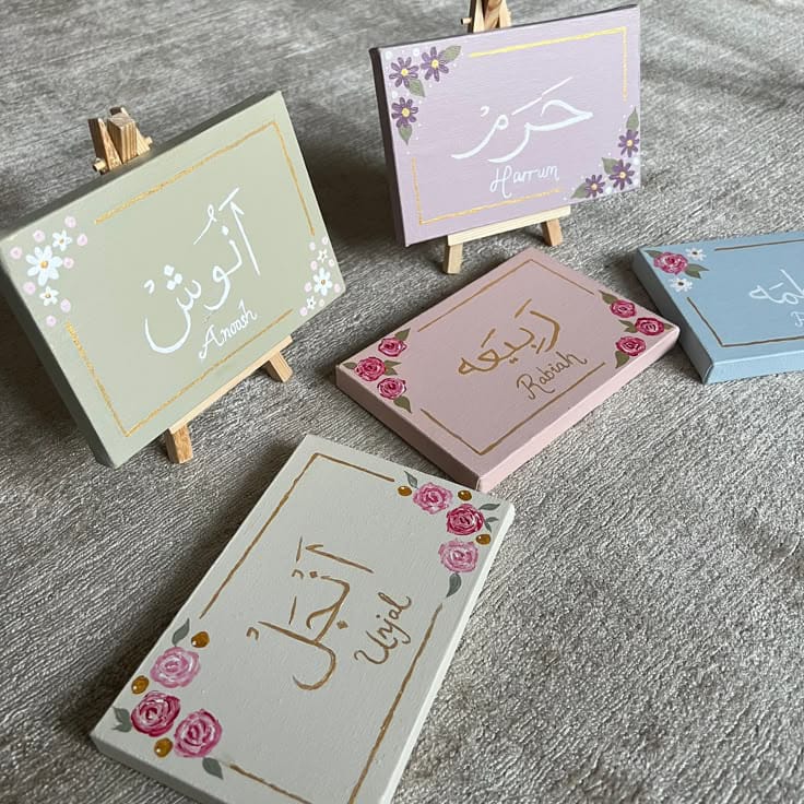 Personalized Hand-Painted Mini Canvas with Wooden Easel – Custom Arabic & English Calligraphy