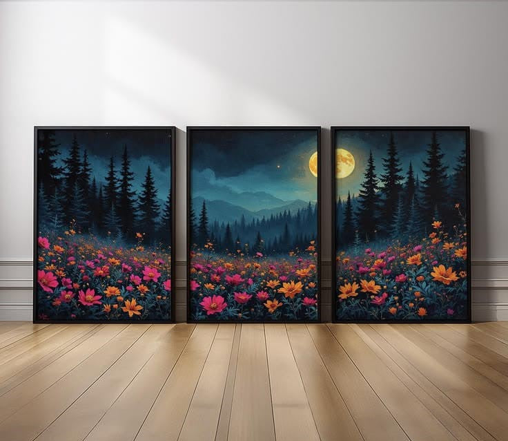 Midnight Bloom Triptych: A Three-Piece Lunar Forest Wall Art Set-size 16x24