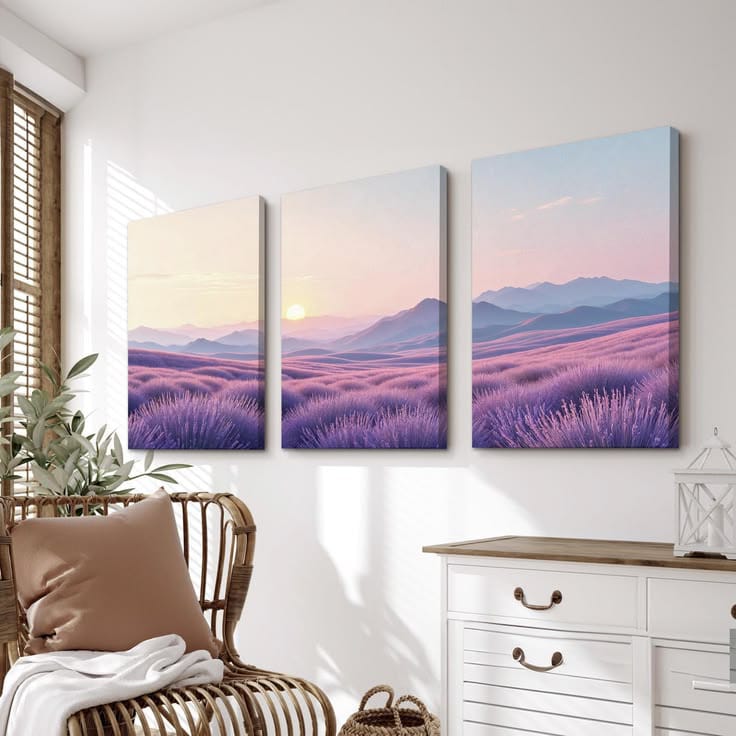 Ethereal Lavender Fields at Sunrise – 3 Piece Minimalist Landscape Wall Art Set (16x24 in)
