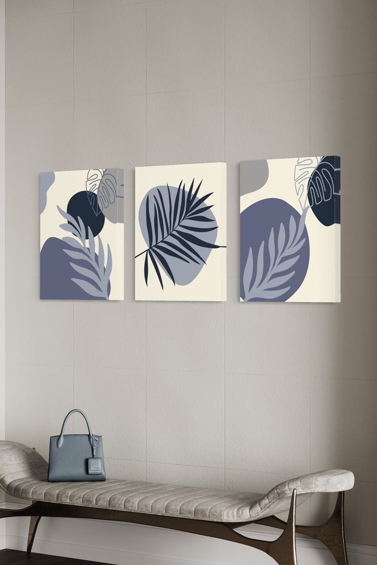 Minimalist Nordic Botanical Abstract – 3 Piece Navy & Slate Blue Wall Art Set (16x24 in)