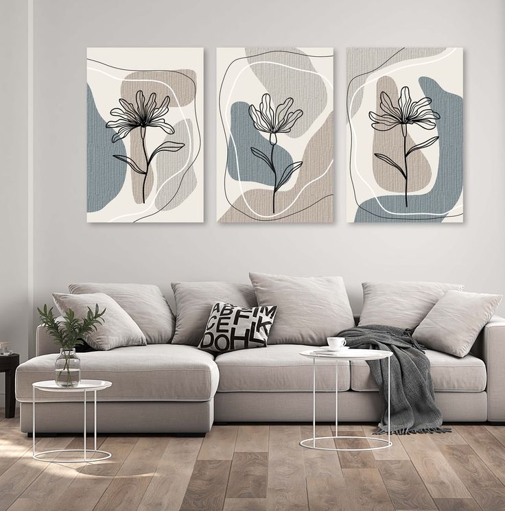 Minimalist Floral Line Art & Abstract Shapes – 3 Piece Earth Tone Wall Art Set (16x24 in)