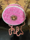 Handmade Pink Velvet Round Crossbody Bag with Gold Filigree Detail