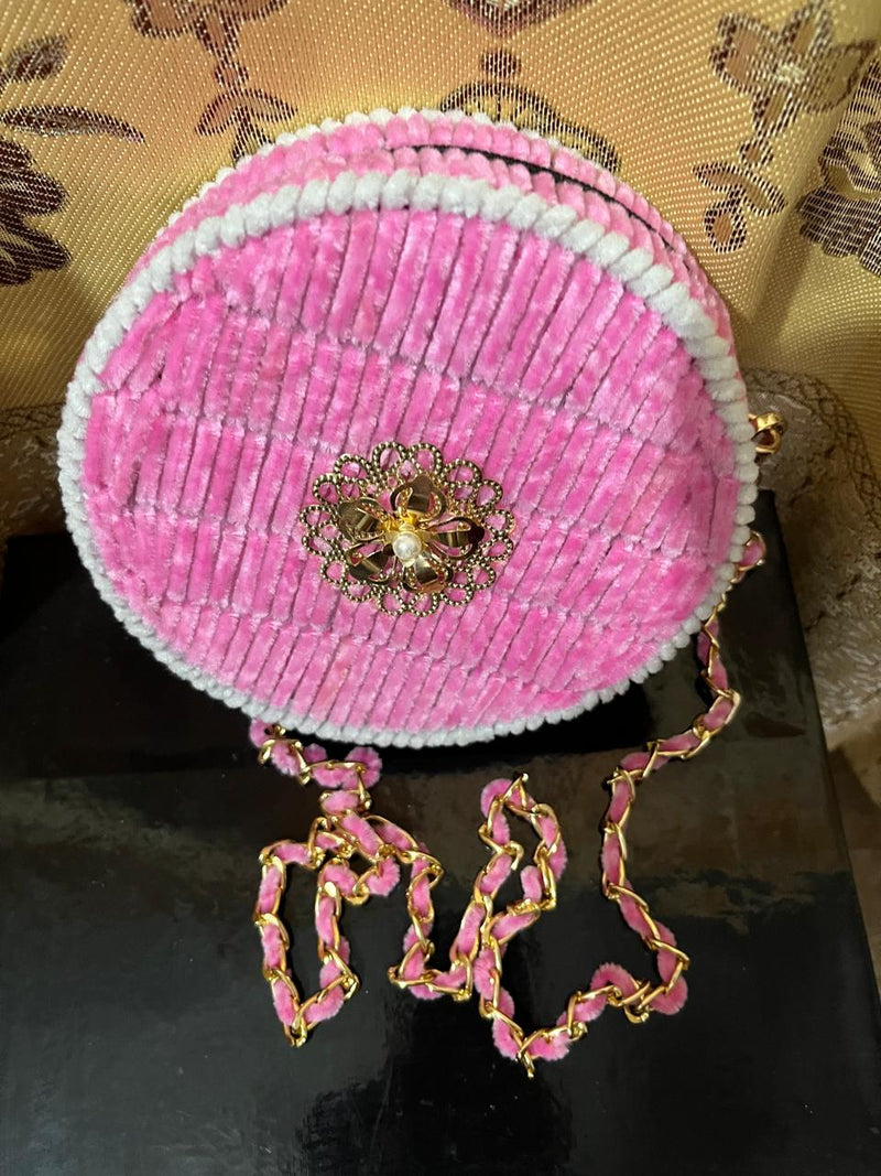 Handmade Pink Velvet Round Crossbody Bag with Gold Filigree Detail