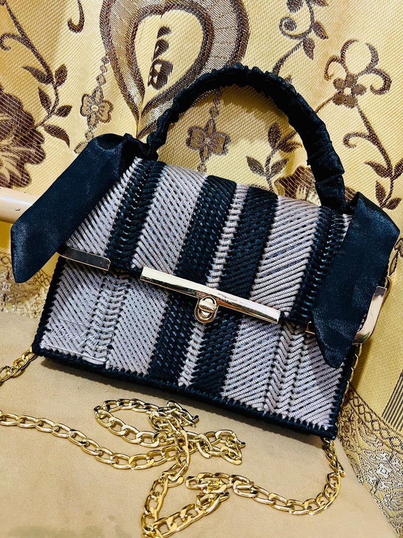 The "Noir Luxe" Herringbone Top-Handle Bag