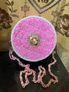 Handmade Pink Velvet Round Crossbody Bag with Gold Filigree Detail