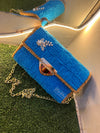 The Azure Envelope: Woven Velvet Clutch with Pearl Detail