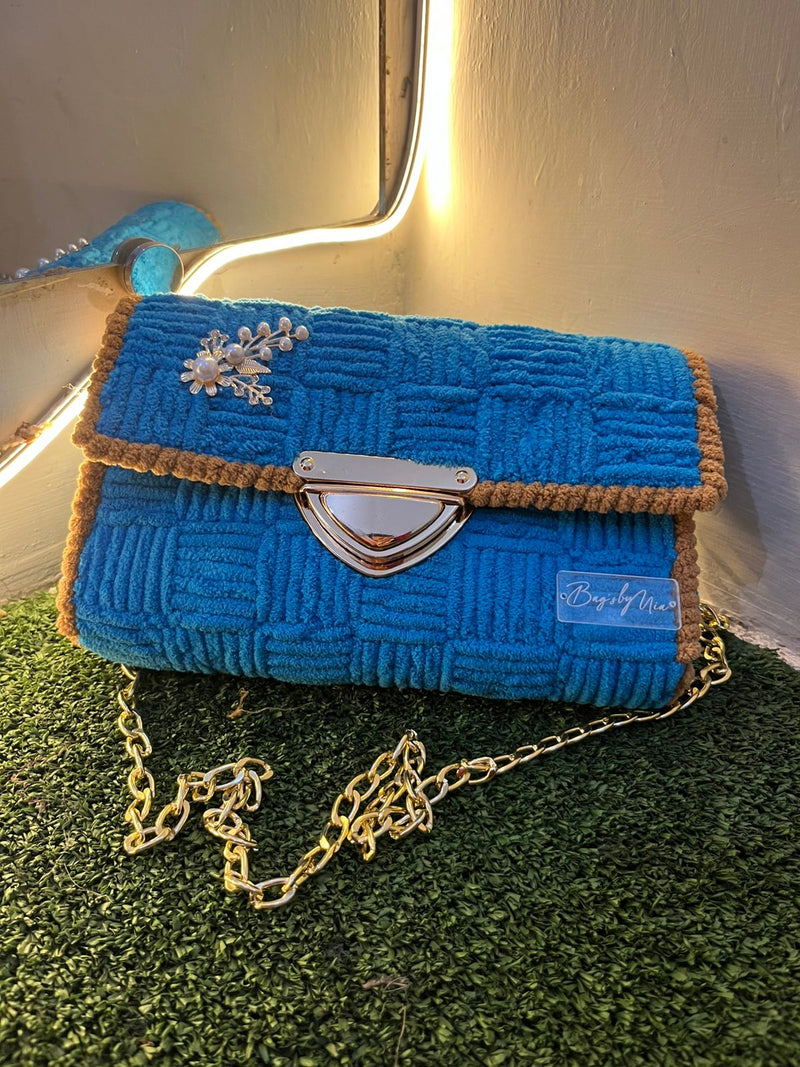 The Azure Envelope: Woven Velvet Clutch with Pearl Detail