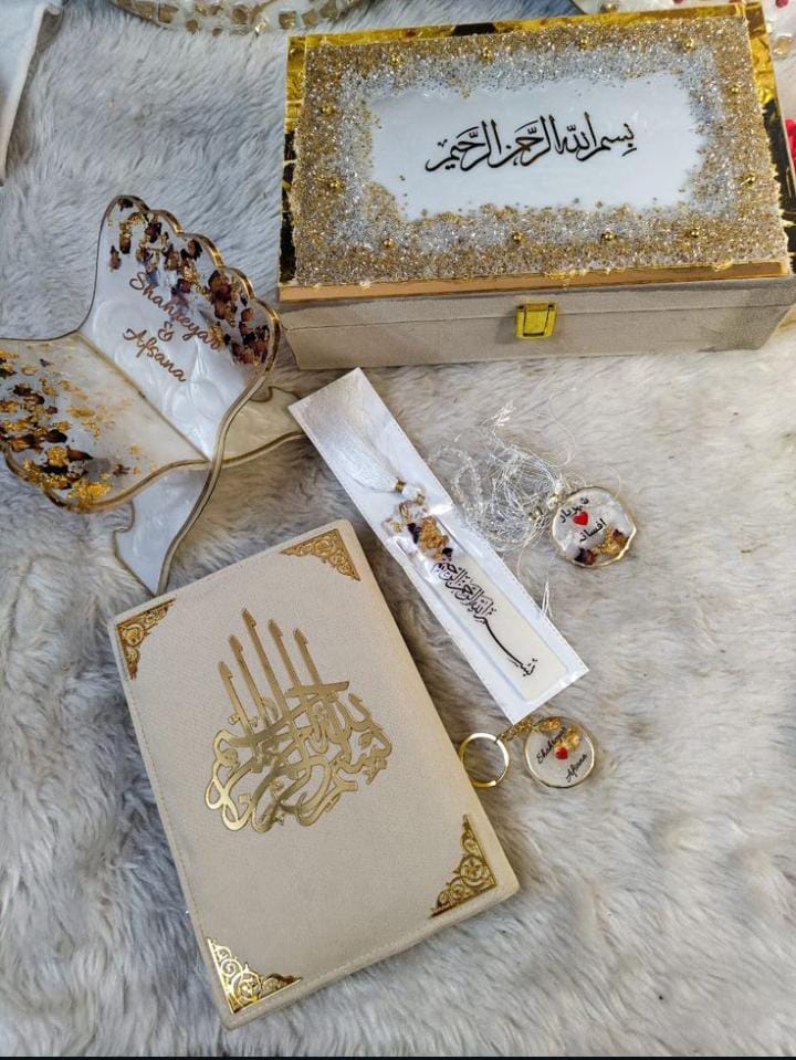 Royal Quran Gift Set – Handcrafted Resin Rehal, Velvet Quran, & Personalized Keepsakes