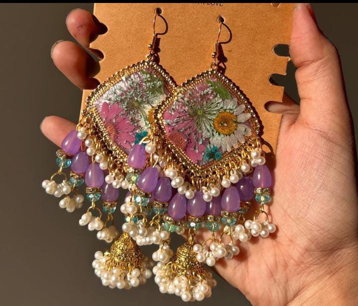 Handcrafted Floral Resin Jhumka Earrings – Real Dried Flower Jewelry with Pearl & Lavender Accents