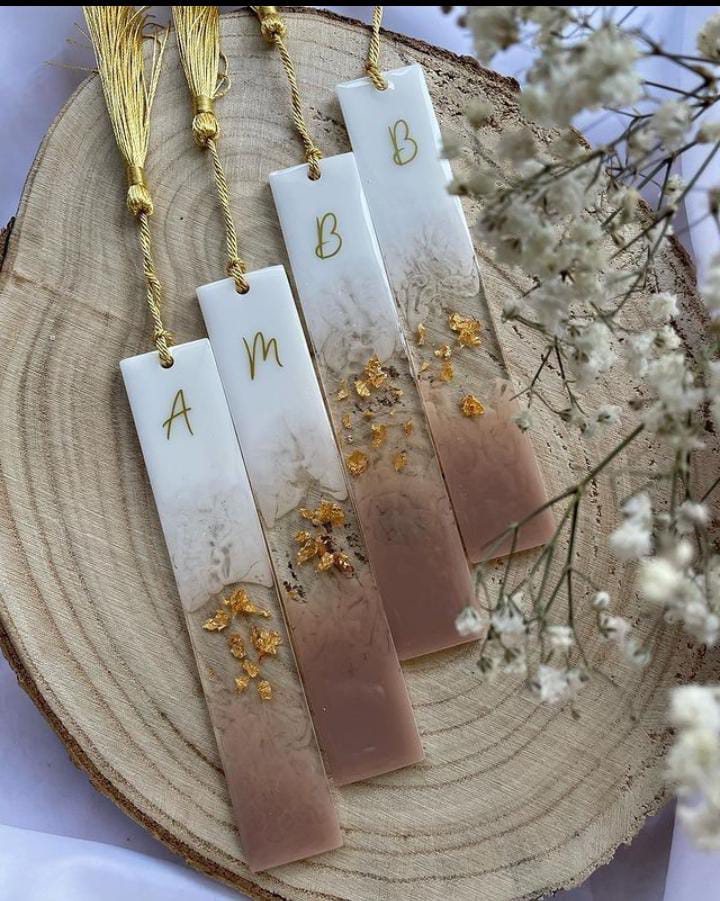Handcrafted Celestial Resin Bookmarks – Personalized Gold Leaf & Initial Tassel Keepsake