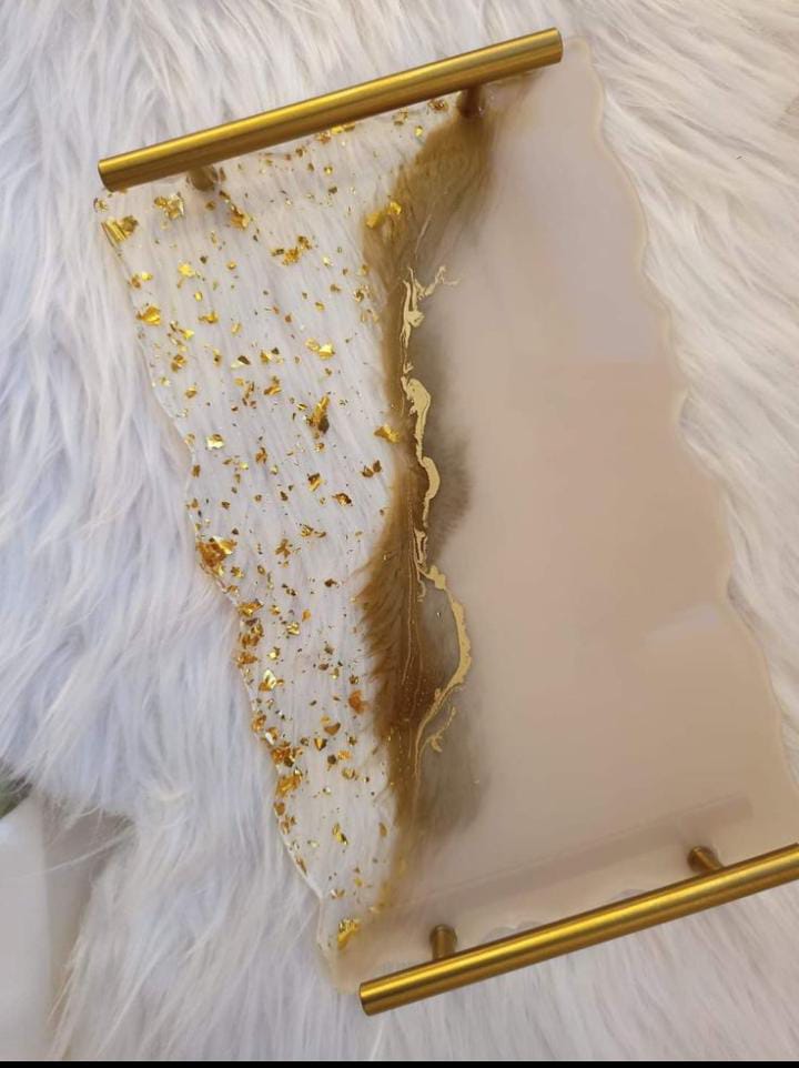 Gilded Ethereal Resin Serving Tray – Handcrafted Gold Leaf & Marble Fusion