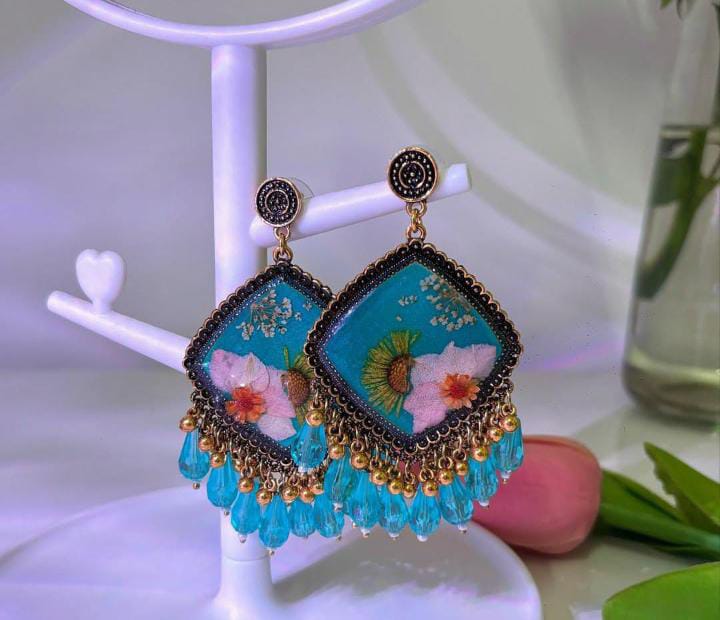 Ethereal Garden Resin Earrings – Hand-Pressed Floral Inlay with Antique Accents
