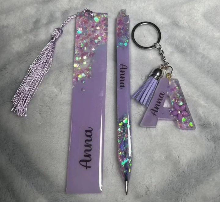 The Lavender Dream Stationery Set – Custom Resin Bookmark, Pen, and Initial Keychain Trio