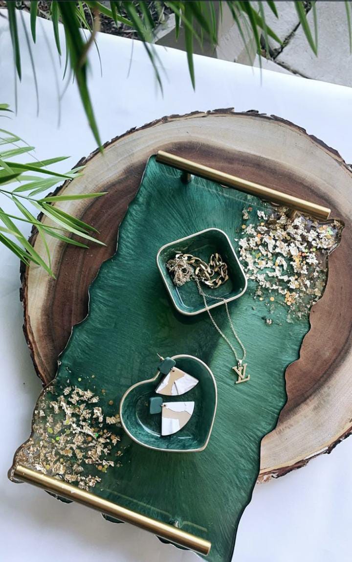 Emerald Forest Luxury Resin Tray Set – Hand-Poured Geode Serving Tray & Jewelry Dishes