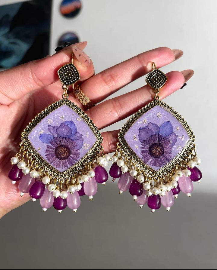 Amethyst Bloom Artisan Earrings – Hand-Pressed Floral Resin with Tiered Bead Accents