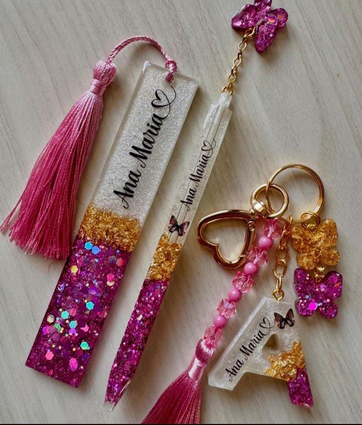 The "Ana Maria" Butterfly Bliss Set – Personalized Resin Bookmark, Pen, and Initial Keychain Trio