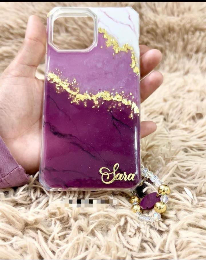 The "Sara" Luxury Marble Case – Handcrafted Plum & Gold Leaf Resin iPhone Case