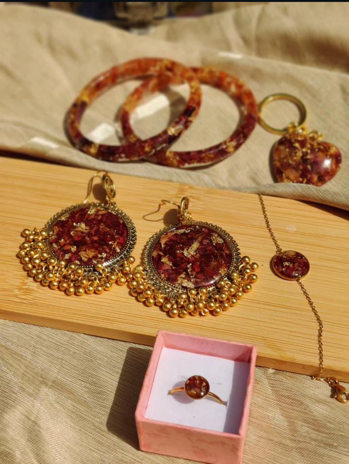 Royal Crimson Rose & Gold Leaf Jewelry Set