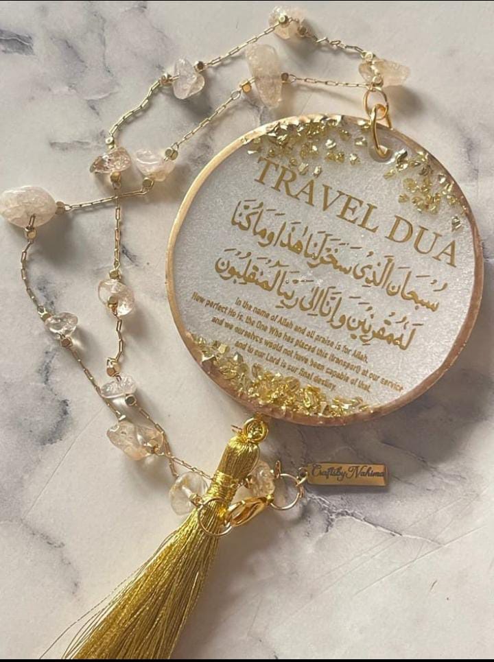 Divine Protection Travel Dua Hanging – Handcrafted Resin Car Accessory with Gold Leaf & Gemstone Accents