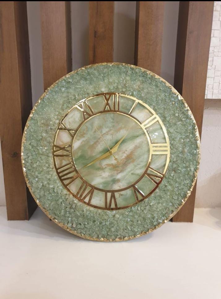 Sage Green Crushed Stone Wall Clock – Handcrafted Marble & Gold Resin Timepiece
