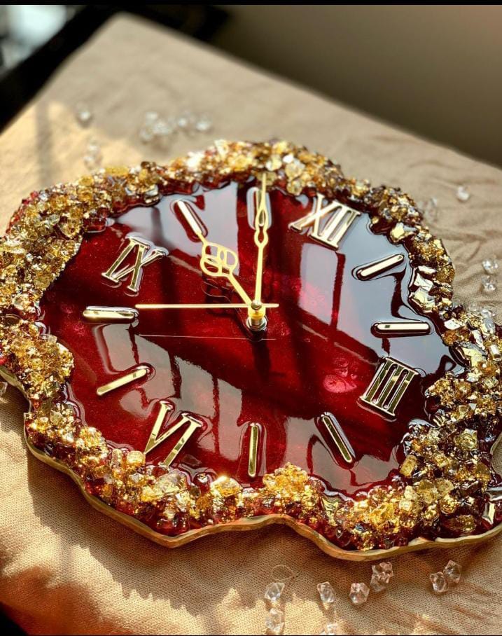 Regal Ruby & Gold Leaf Geode Clock – Handcrafted Sculptural Resin Wall Art