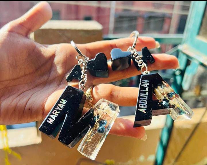 Personalized Initial Keychains – Handcrafted Resin Letter Charms with Floral & Name Detailing