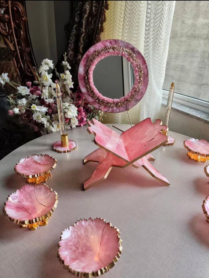 Divine Rose Quartz & Gold Rehal Set – Handcrafted Resin Quran Stand and matching Majlis Decor