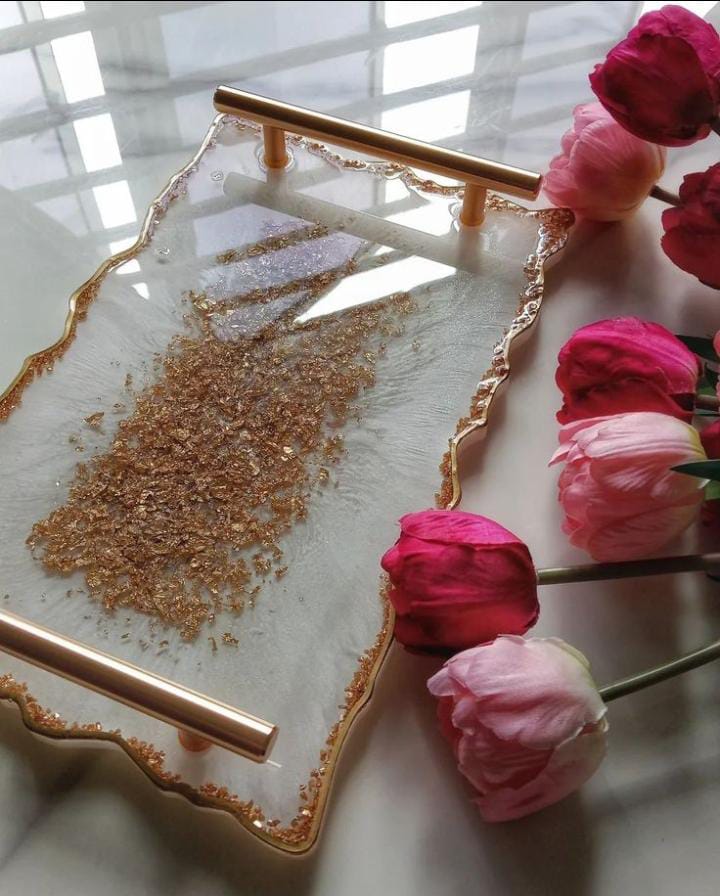 Regal White Marble & Gold Leaf Tray – Handcrafted Resin Serving Platter with Modern Gold Handles
