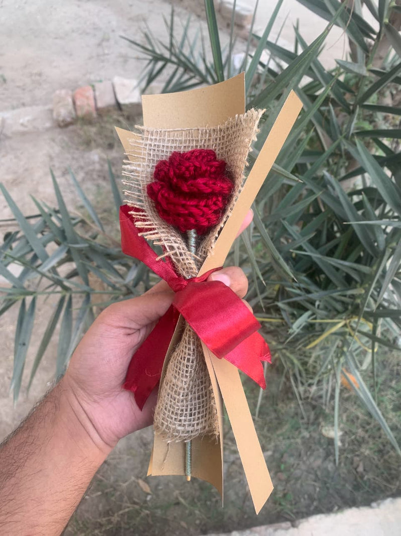 "Crimson Heritage" – Hand-Knitted Single Stem Rose