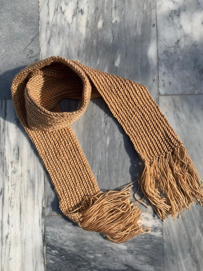 "Autumn Sands" – Hand-Knitted Artisan Scarf with Fringe