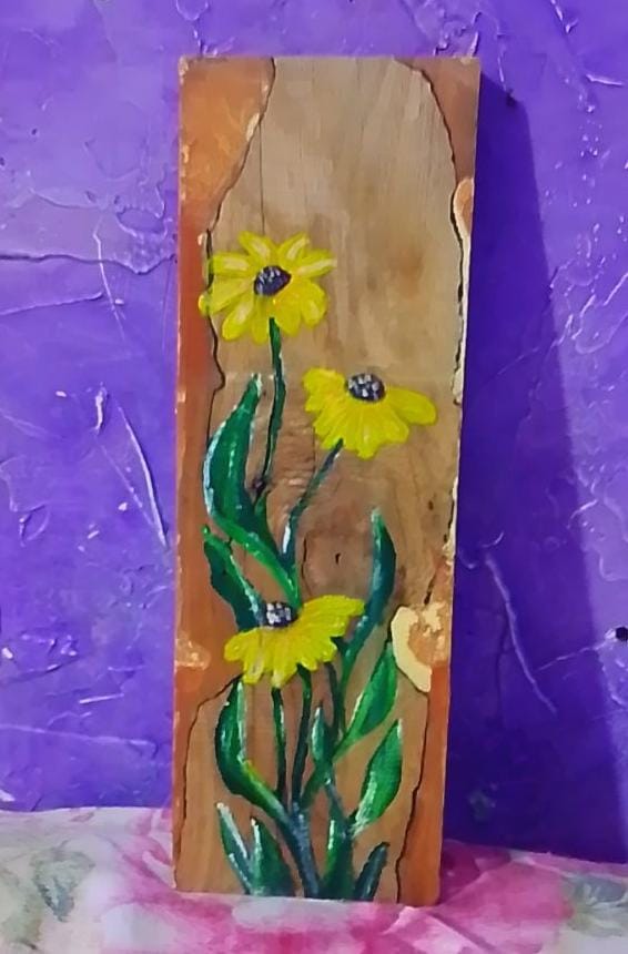 "Golden Bloom" – Hand-Painted Sunflower on Natural Wood