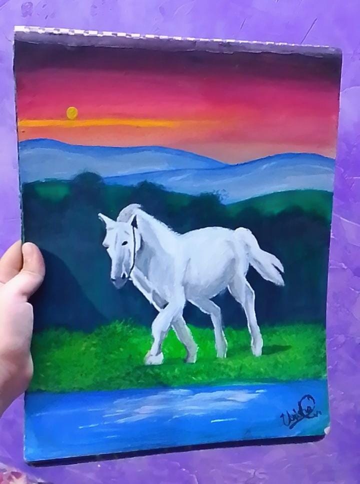 "Spirit of the Sunset" – Hand-Painted White Horse Landscape