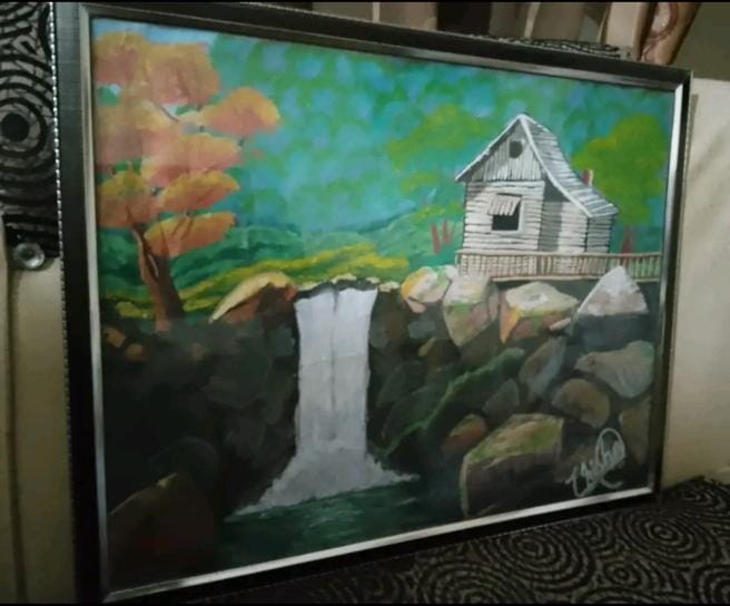 "The Hidden Retreat" – Framed Hand-Painted Waterfall Landscape