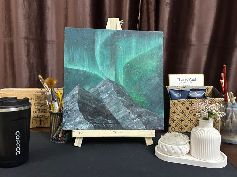Celestial Peaks – Original Northern Lights & Mountain Oil Painting