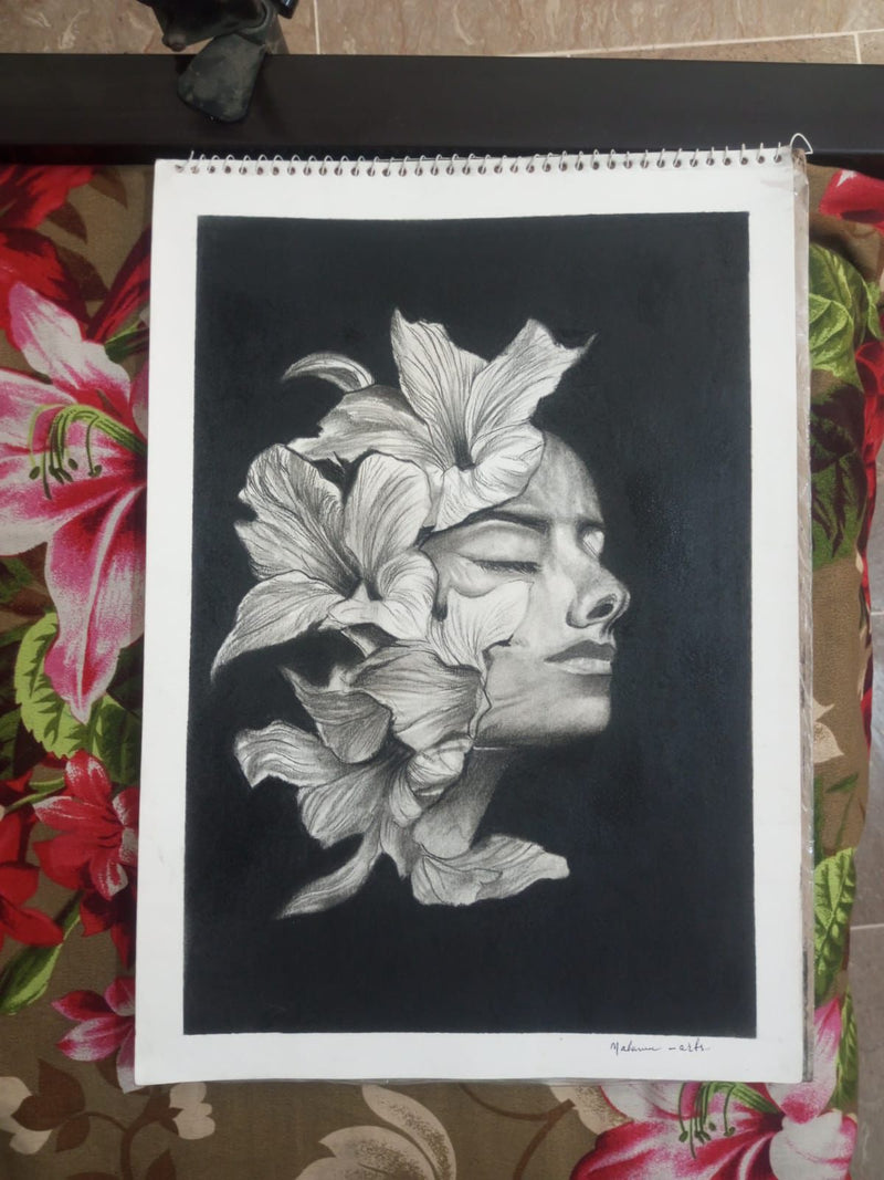 The Floral Shadow – Original Realistic Charcoal & Graphite Portrait