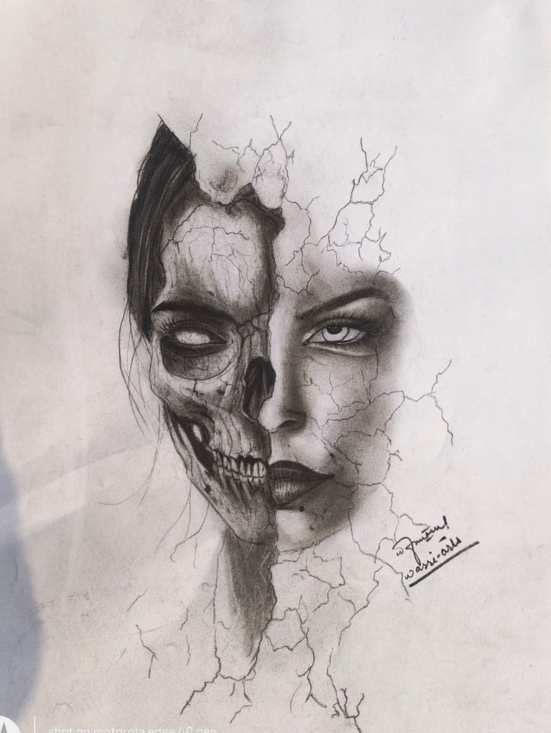 "Behind the Veil" – Hand-Drawn Surrealist Skull Portrait