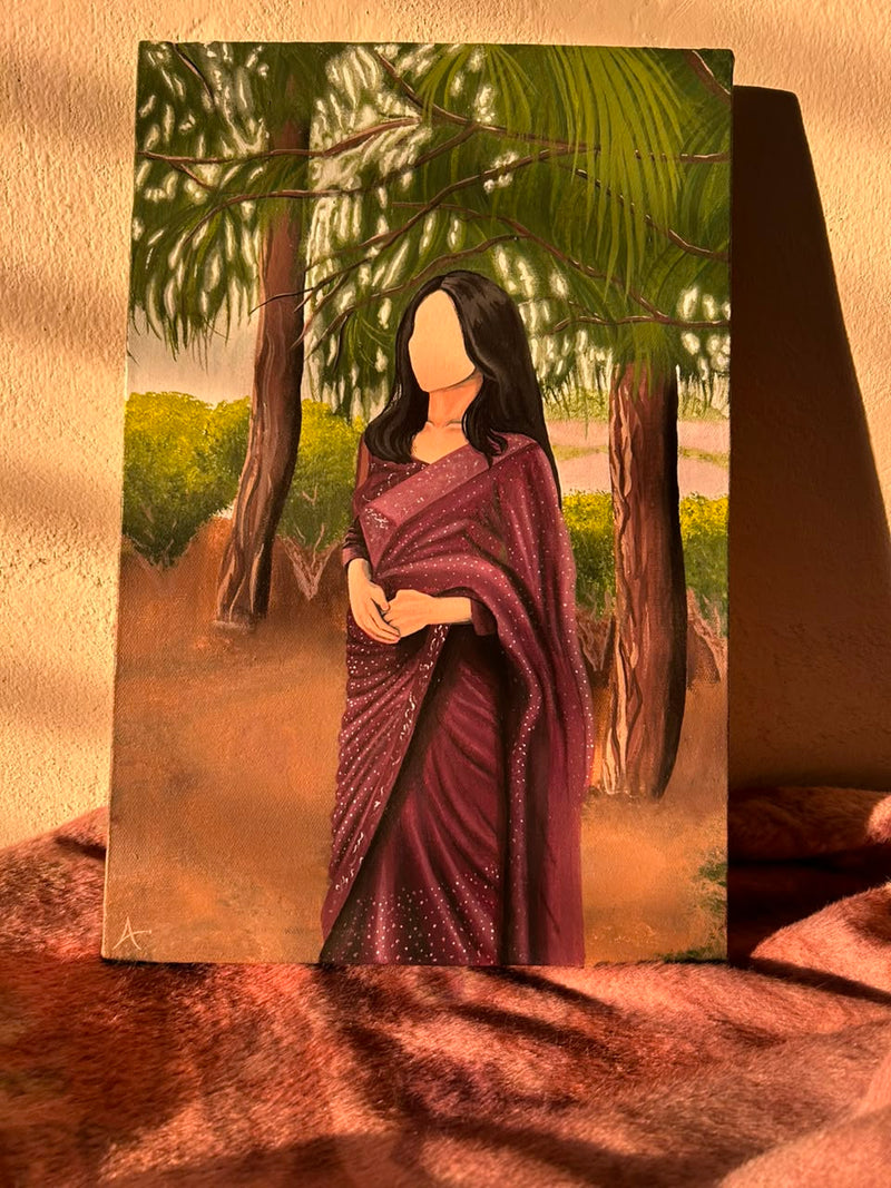 Elegant Faceless Portrait in Maroon Saree | Hand-Painted Canvas Art by Kashish