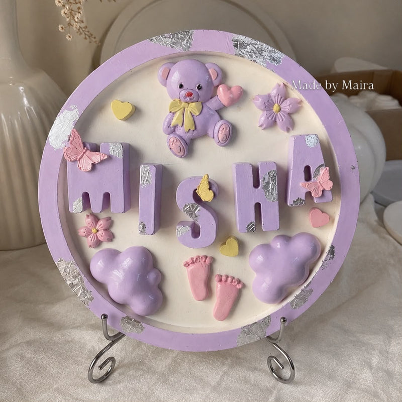 Custom Handcrafted Purple & Silver Resin Name Plaque with Teddy Bear & Baby Accents — Designed by Maira