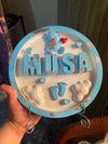 Custom Handcrafted Purple & Silver Resin Name Plaque with Teddy Bear & Baby Accents — Designed by Maira
