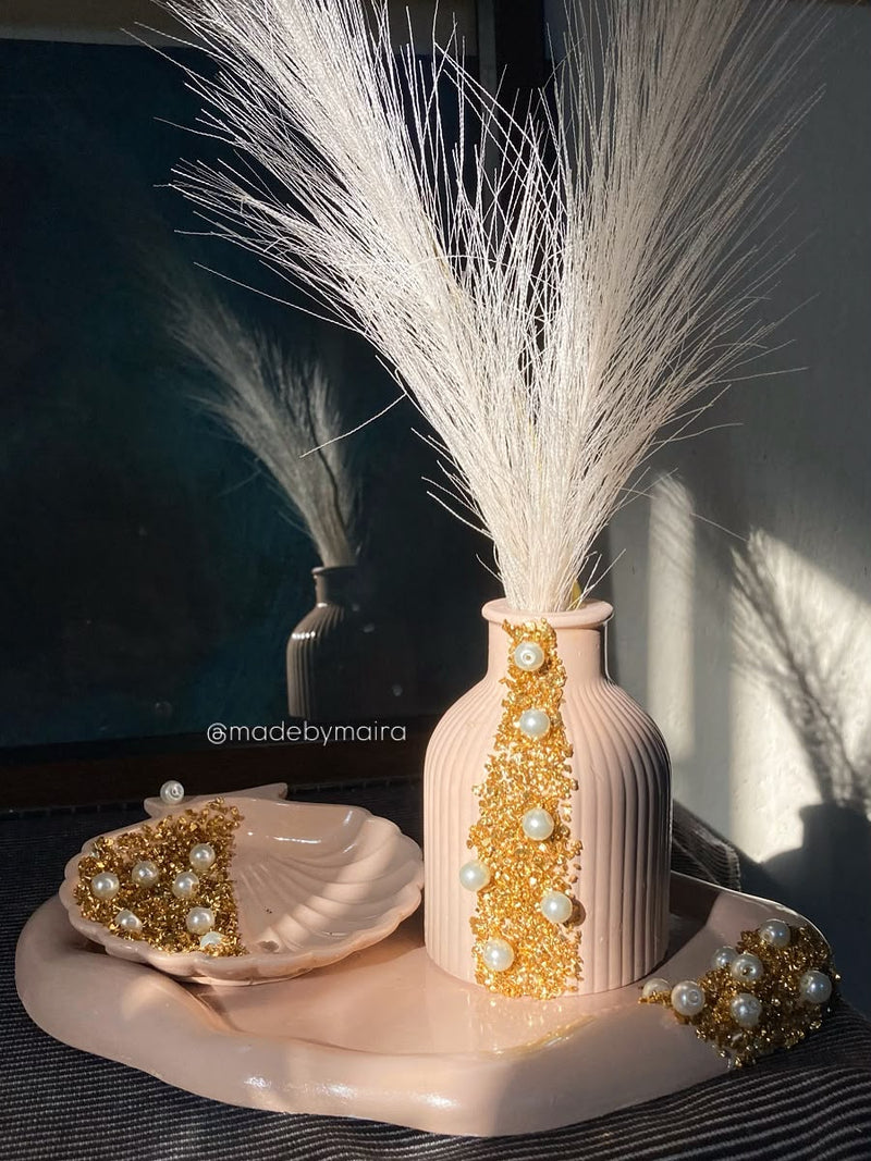 Handcrafted Blush Pink & Gold Pearl Resin Decor Tray Set with Shell Dish — Designed by Maira