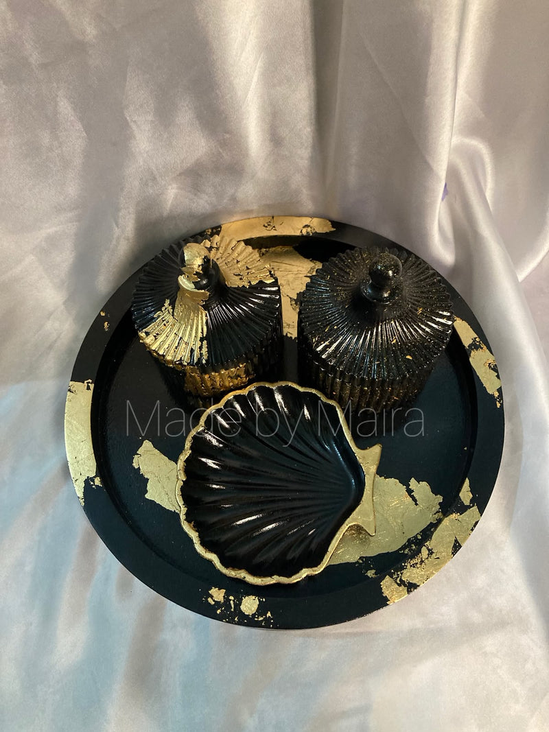 Handcrafted Black & Gold Foil Resin Decor Tray Set with Lidded Jars & Shell Dish — Designed by Maira