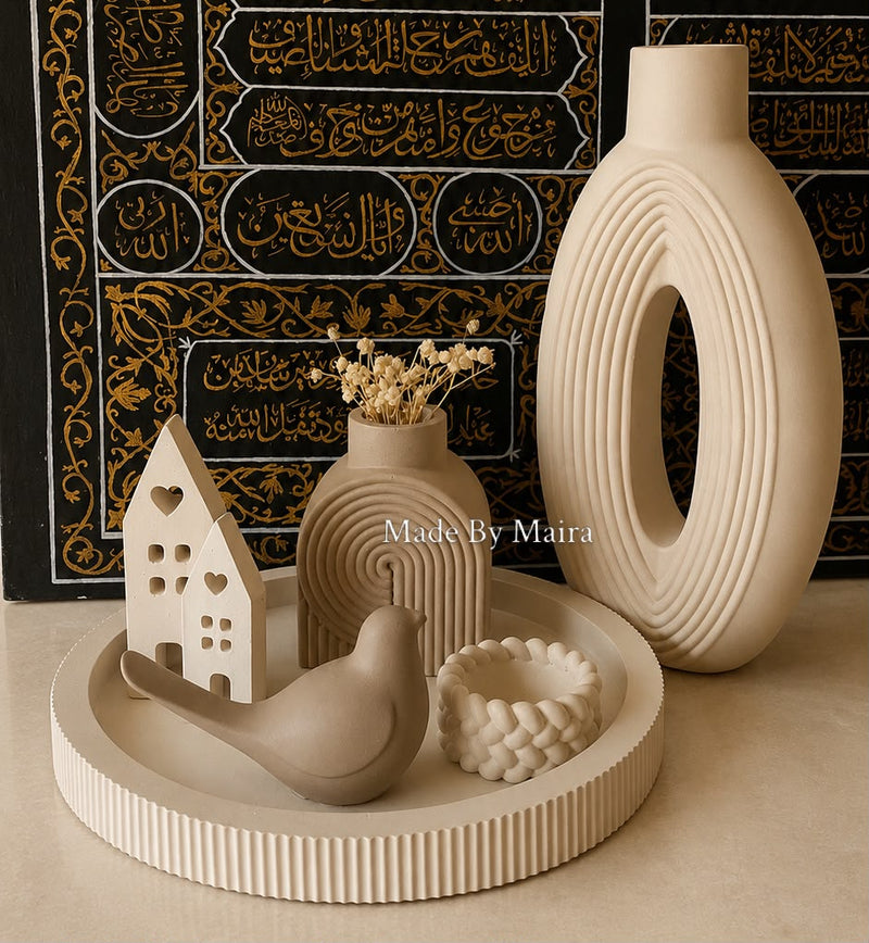 Minimalist Beige Resin Decor Tray Set with Vases, Bird Figurine & Houses — Designed by Maira